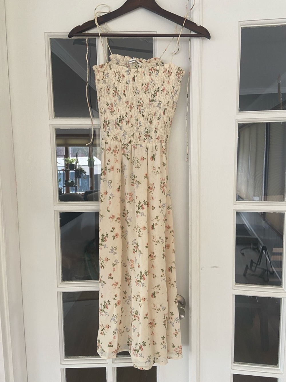 Reformation Cream Floral Smocked Dress with Pink & Green Print